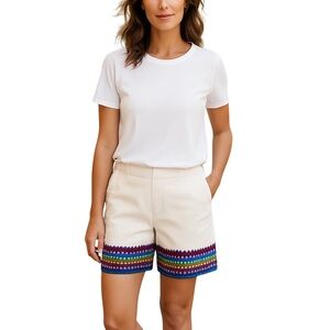 Attyre White Bermuda Shorts with Textured Fabric and Decorative Trim